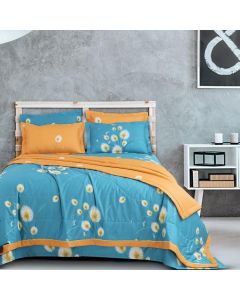 Dandelion print on French Blue and fire yellow Bedding King Size Bedsheet 2.75Mtr. X 2.75 Mtr. & 2 P. Cover 45Cm X 68Cm