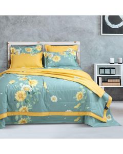 Sunflower print on French Blue and Yellow Bedding King Size Bedsheet 2.75Mtr. X 2.75 Mtr. & 2 P. Cover 45Cm X 68Cm