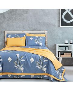 White Lilly print on Steel Grey & Golden Cotton Bedding King Size Quilt Cover 2.28 mtr x 2.75 mtr