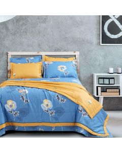 Botanic Print on Teal Blue & Retro Yellow King Size Quilt Cover 2.28 mtr x 2.75 mtr