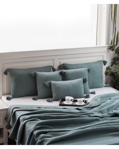 Zig Zag 100% Cotton Knitted With Polyester Filled King Size Bed Cover With 2 Pillow Covers And 3 Cushion Covers (Set Of 6) (Blue Daisy)