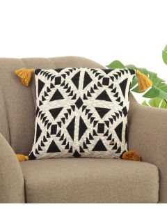 Abstract Black, Natural & Mustard Cotton Knitted Decorative 16 X 16 Inches Cushion Cover