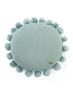 Pom Pom Dull Blue Cotton Knitted Decorative 16 Inches Dia Cushion Cover