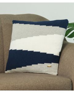 Color Block Navy Melange, Vanilla Grey Melange & Ivory Cotton Knitted Decorative 16 X 16 Inches Cushion Cover