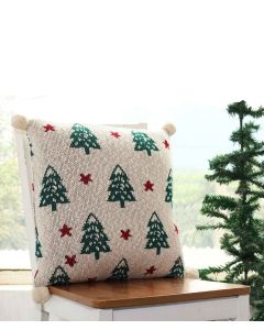 Xmas Tree & Star Cotton Knitted Decorative Green, Red & Natural Color 18 x 18 Inches Cushion Cover - Pluchi