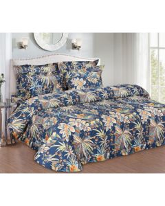 Festival Flower Print on Irish Blue Bed Spread King Size bedcoves 2.28 mtr x 2.50 mtr & 2 P. Cover 45Cm X 68Cm