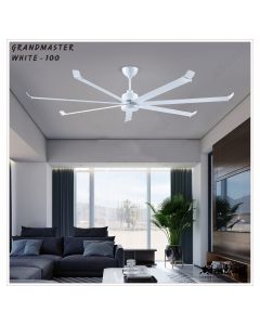 Grand Master White – 100″ Refined Industrial HVLS Fan with 7 Customizable Aluminium Blades in Matte White Finish, Whisper-Quiet BLDC Motor, Summer-Winter Feature, Remote Control