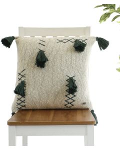 Willow Cotton Knitted Decorative Natural & Charcoal Green Color 18 x 18 Inches Cushion Cover - Pluchi