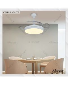 Venus White- 42″ Modern fan with 4 x Fine Acrylic transparent Retractable blades, Multi Coloured LED and Remote Control