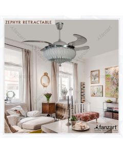 Zephyr Retractable – 44″ Crystal Fandelier ® with 4 x ABS transaparent retractable blades, LED lights and Remote Control